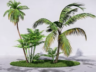 Tropical Palm Trees with Lush Green Grass and Foliage in Garden Landscaping Scene 3d model