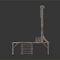 Rustic Wooden Platform Structure With Top Beam Three Hooks And Small Stools