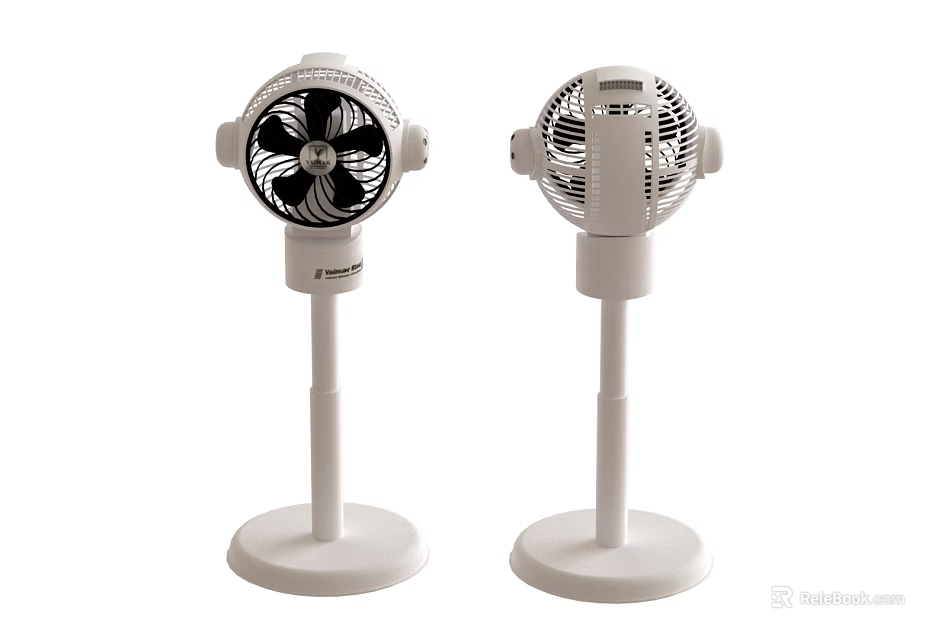 Two White Pedestal Air Cooler Fans With Adjustable Head And Round Base 3d model 