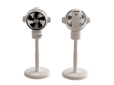 Two White Pedestal Air Cooler Fans With Adjustable Head And Round Base 3d model