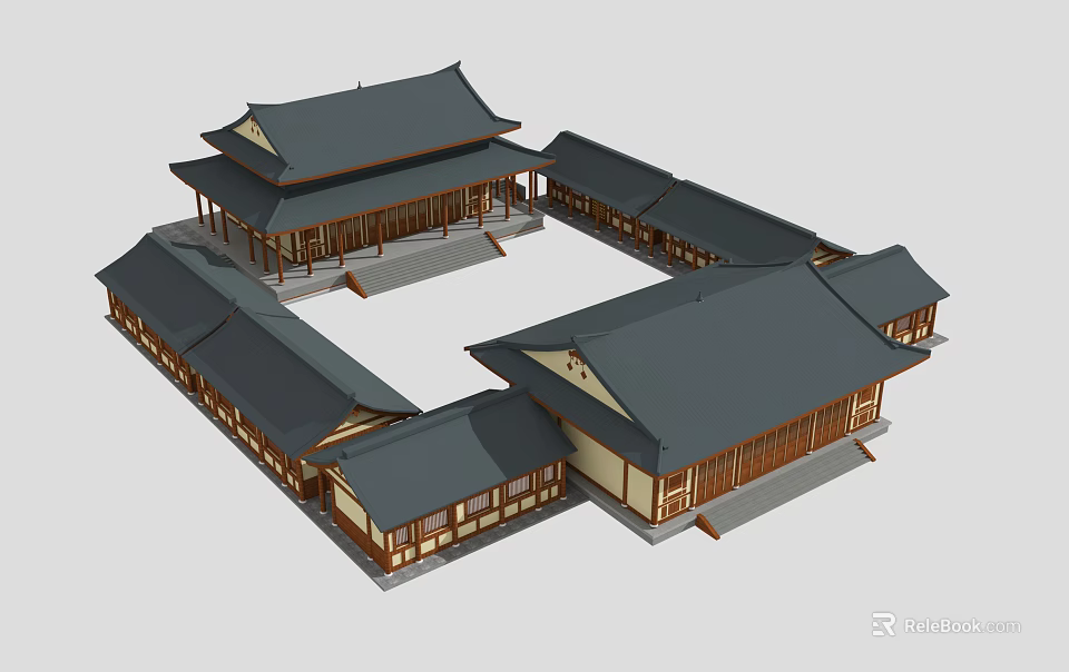 Traditional Chinese Ancient Architecture With Courtyard Wooden Frames And Gray Tiled Roofs 3d model 
