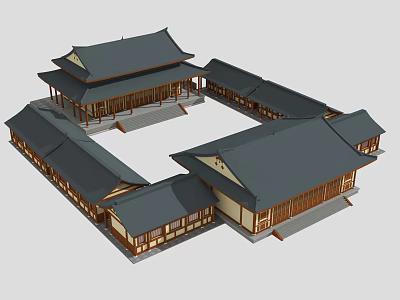 Traditional Chinese Ancient Architecture With Courtyard Wooden Frames And Gray Tiled Roofs 3d model