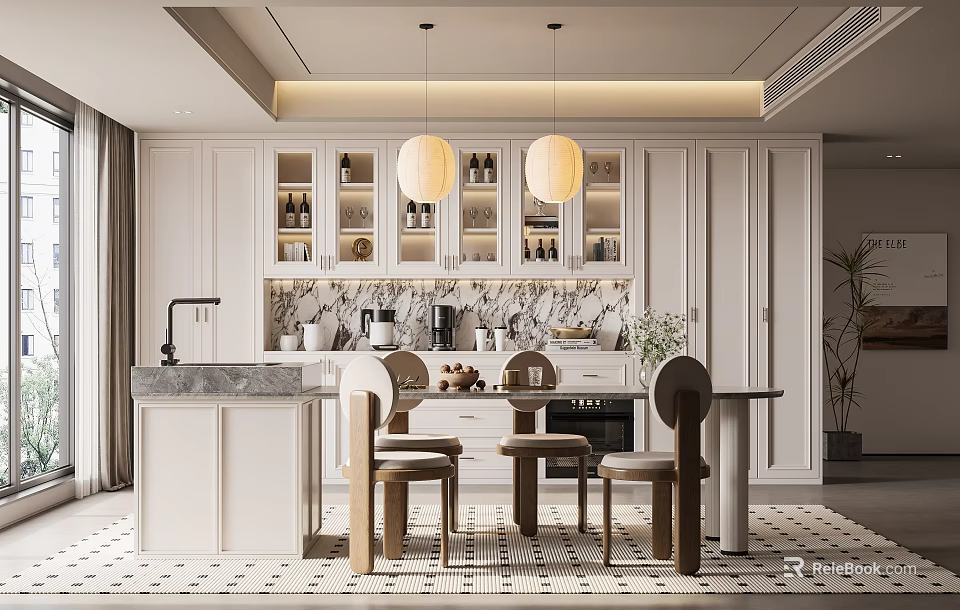 Modern Restaurant Interior Design With White Cabinets Marble Countertop Pendant Lights And Dining Chairs 3d model 