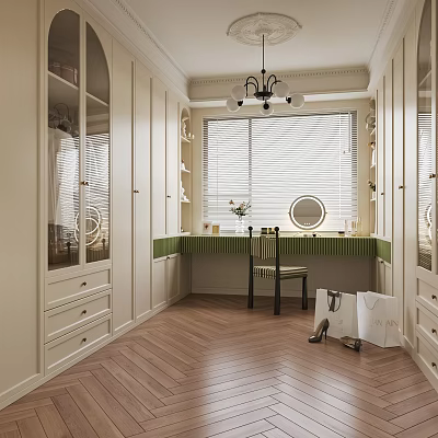 Elegant Walk In Closet With Cabinets Dressing Table And Chandelier 3d model