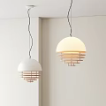 Two Modern Pendant Lights with White Shades and Wooden Stripes in Minimalist Interior
