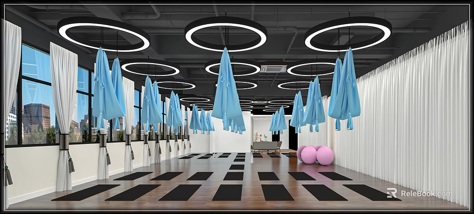 Modern Fitness Studio Space With Black Yoga Mats Pink Exercise Balls And Hanging Blue Equipment Lights 3d model 