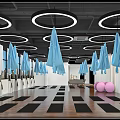 Modern Fitness Studio Space With Black Yoga Mats Pink Exercise Balls And Hanging Blue Equipment Lights
