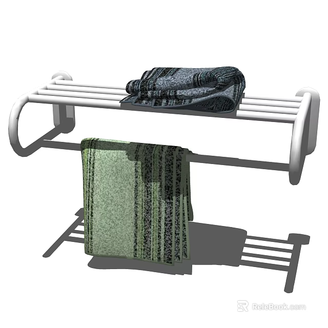 White Towel Rack With Dark Striped Towel Folded And Green Striped Hanging 3d model 