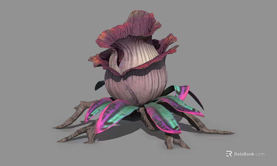 Exotic Purple and Pink Flower Plant with Ruffled Petals and Tentacle Like Structures 3d model 