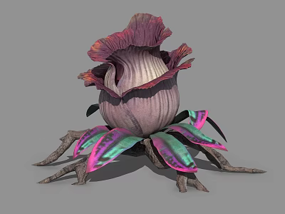 Exotic Purple and Pink Flower Plant with Ruffled Petals and Tentacle Like Structures 3d model