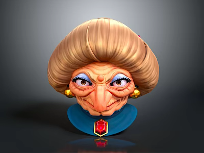 Cartoon Elderly Woman Character With Golden Curly Hair Blue Eyes Red Gem And Blue Collar 3d model