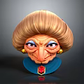Cartoon Elderly Woman Character With Golden Curly Hair Blue Eyes Red Gem And Blue Collar