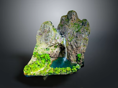 Scenic Mountain Landscape with Waterfall and Turquoise Pool Surrounded by Lush Greenery 3d model
