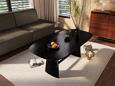 Sleek Black Coffee Table On Light Colored Rug With Fruit Bowl Open Book And Decorative Plant 3d model