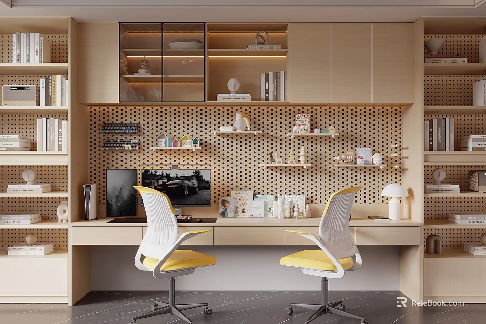 Modern Desk With White Yellow Chairs Perforated Wall Bookshelves Coffee Machine And Decor Items 3d model 