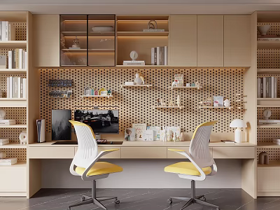 Modern Desk With White Yellow Chairs Perforated Wall Bookshelves Coffee Machine And Decor Items 3d model