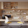 Modern Desk With White Yellow Chairs Perforated Wall Bookshelves Coffee Machine And Decor Items