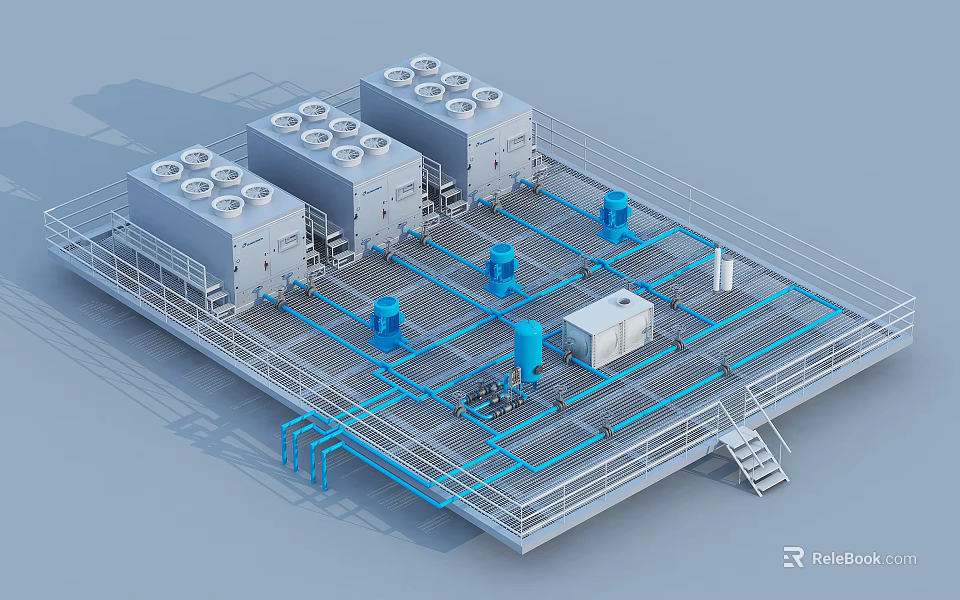 Industrial Equipment Cooling Units With Platform Structure And Piping System 3d model 