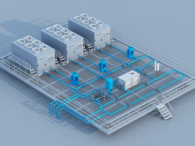 Industrial Equipment Cooling Units With Platform Structure And Piping System 3d model