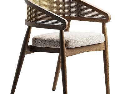 Modern Leisure Chair With Woven Backrest Wooden Frame And Padded Fabric Seat 3d model