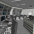 Monitoring Room Interior With Multiple Screens Control Desks And Office Chairs