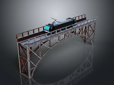 Rusty Metal Truss Bridge With Black Moving Train And Gray Background 3d model