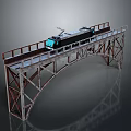 Rusty Metal Truss Bridge With Black Moving Train And Gray Background