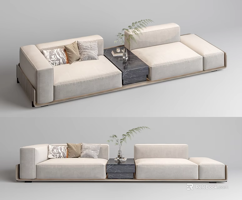 Light Colored Modern Sectional Sofa With Decorative Pillows Side Table And Potted Plant 3d model