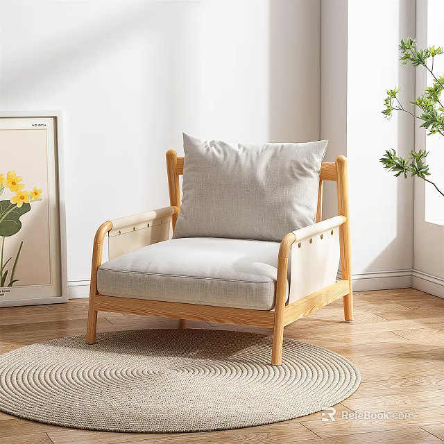 Single Sofa With Wooden Frame And Light Gray Cushion On Floor With Rug And Plant 3d model 