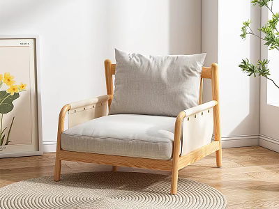 Single Sofa With Wooden Frame And Light Gray Cushion On Floor With Rug And Plant 3d model