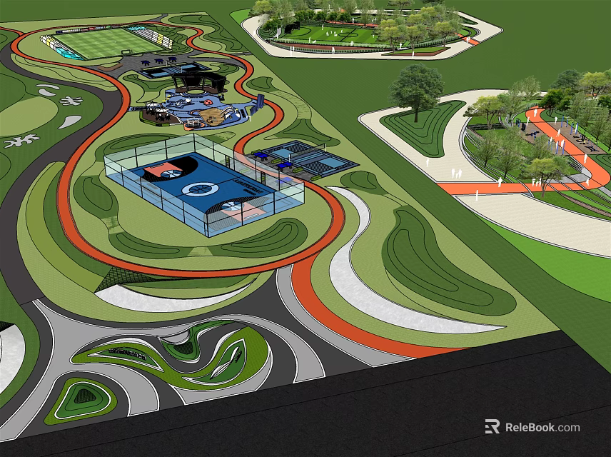Park Landscape Design With Winding Paths Lush Green Lawns And Sports Courts 3d model 