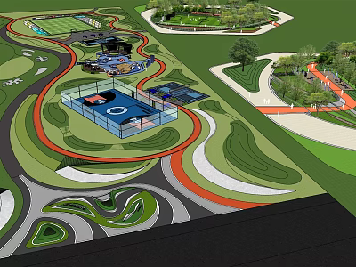 Park Landscape Design With Winding Paths Lush Green Lawns And Sports Courts 3d model