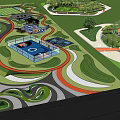 Park Landscape Design With Winding Paths Lush Green Lawns And Sports Courts