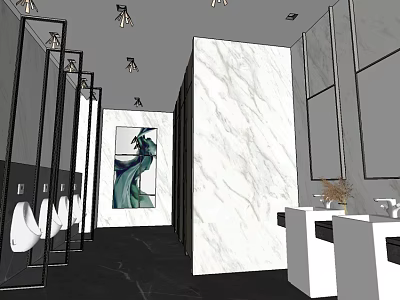 Modern Public Restroom Interior With Marble Walls Black Partitions Mirrors Washbasins And Decorative Painting 3d model