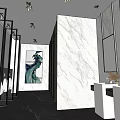 Modern Public Restroom Interior With Marble Walls Black Partitions Mirrors Washbasins And Decorative Painting
