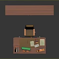 Wooden Office Desk With Green Lamp Bookcase Glass Doors Red Books And Clock