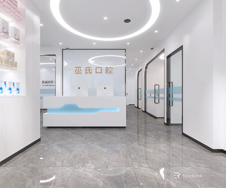 Modern Wushi Dental Clinic Interior With White Reception Desk And Marble Floor 3d model 