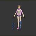Game Movie Character With Purple Hair Pink Top Blue Shorts And Gun Equipment