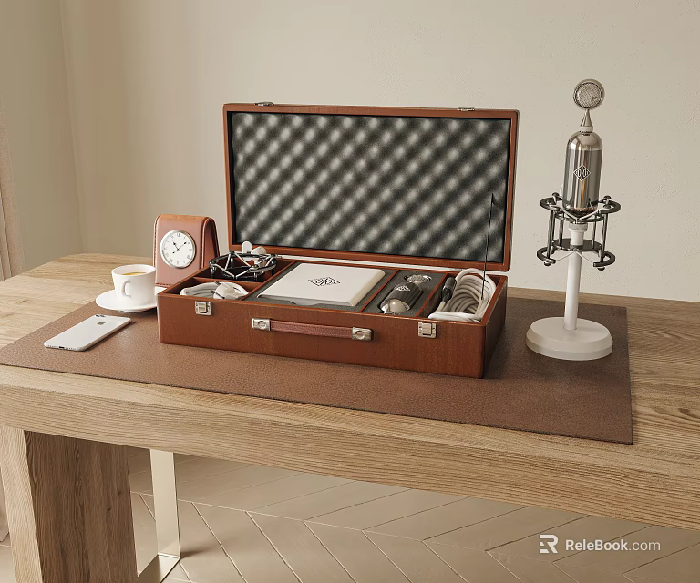 Decorative Ornament Set Featuring Open Brown Leather Case Silver Microphone And Clock On Wooden Tabletop 3d model 