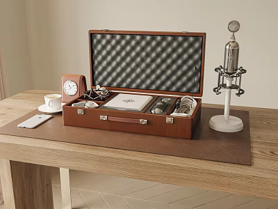 Decorative Ornament Set Featuring Open Brown Leather Case Silver Microphone And Clock On Wooden Tabletop 3d model