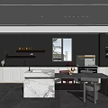 Modern Kitchen Interior Design Featuring Marble Island White Cabinets Black Wall And Stools 3d model
