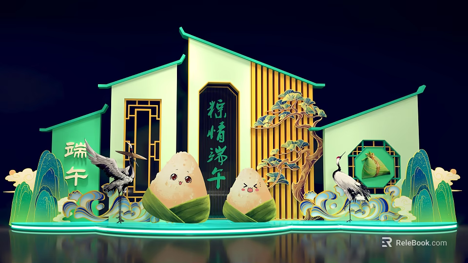 Festive Dragon Boat Festival Decoration With Zongzi Cranes Pine Tree And Traditional Architecture 3d model 