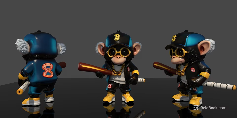 Stylish Monkey Doll with Black Hat Sunglasses Gold Necklace Brown Baseball Bat and Yellow Shoes 3d model 