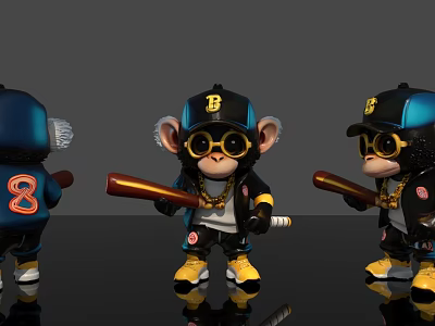 Stylish Monkey Doll with Black Hat Sunglasses Gold Necklace Brown Baseball Bat and Yellow Shoes 3d model