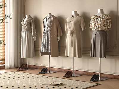 Stylish Clothing Store Display with Mannequins Various Dresses Coat Skirt Shoes Light Wall and Rug 3d model