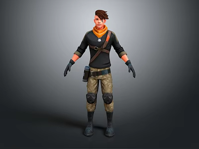 Realistic 3D Game Character With Brown Hair Orange Scarf Black Jacket Tactical Pants And Boots 3d model