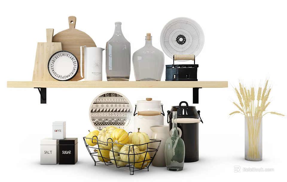 Kitchenware on Wooden Shelf with Plates Jars Bottles Wire Basket of Pumpkins and Wheat Decoration 3d model 