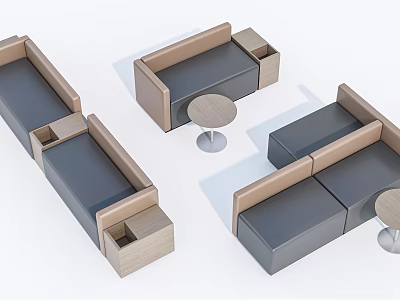 Modern Sofa Set With Wooden Frame Gray Upholstery And Round Side Tables 3d model