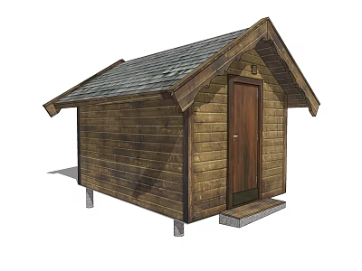 Rustic Wooden Shed Exterior With Tiled Roof Wooden Door And Supporting Posts 3d model