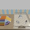 Baby Playpen With Colorful Slide Steps Toys And Blue White Wavy Wall In Play Area